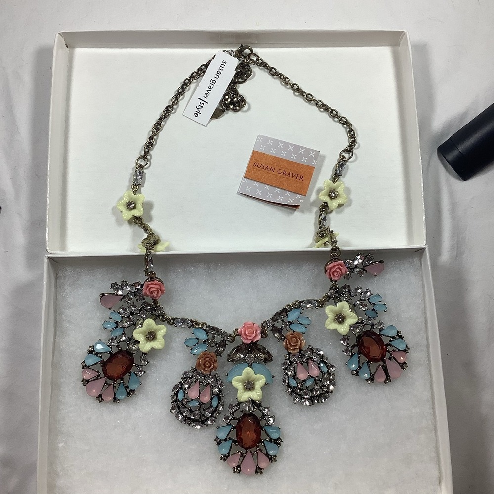 Susan Graver Style Multicolor Rhinestone Floral Necklace QVC